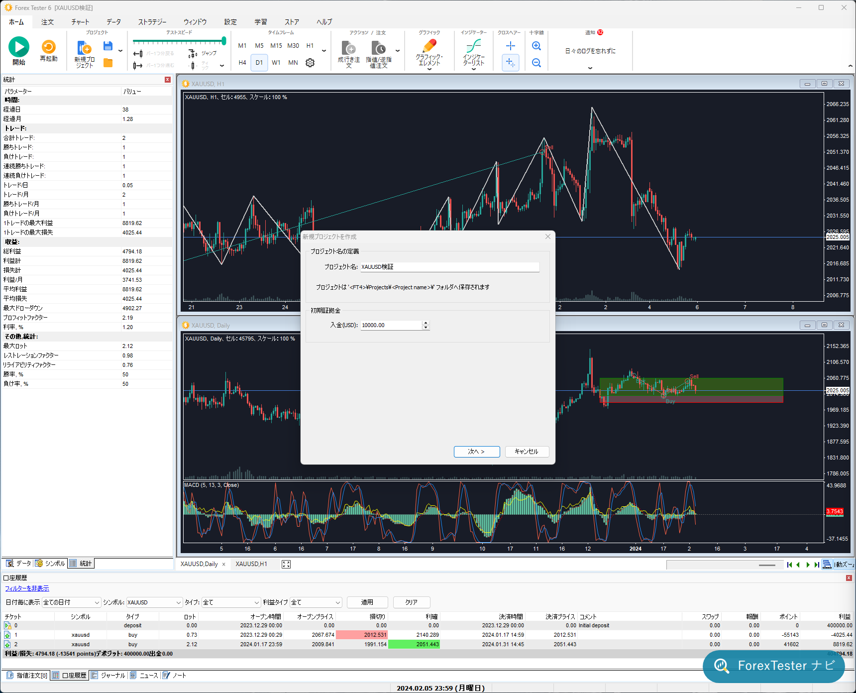 ForexTester 6 で新しい検証プロジェクトを作成する画面。通貨ペアや期間を選んで検証を始める入り口であることが分かる一枚